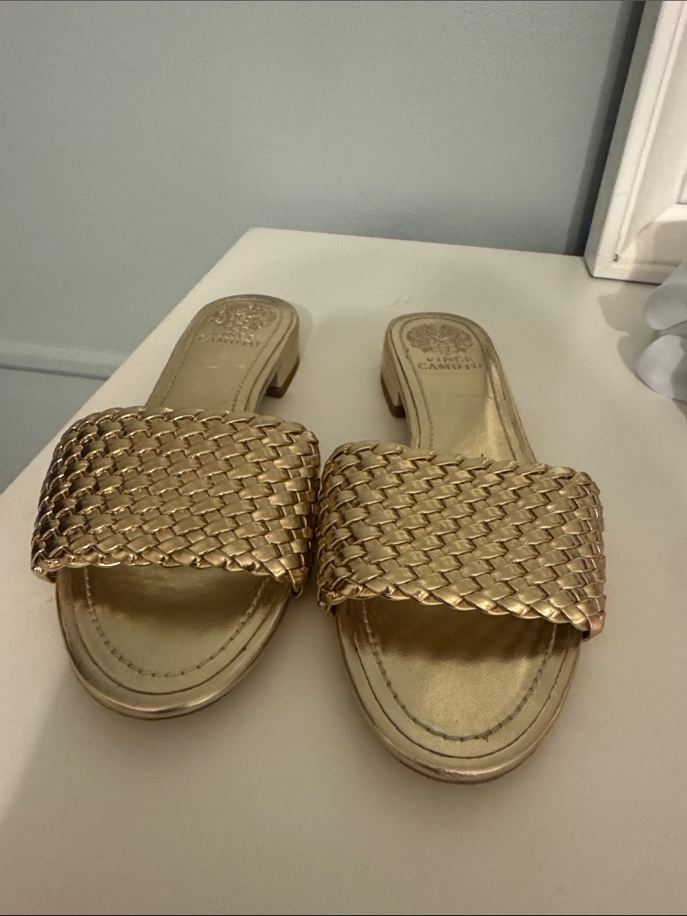 Vince Camuto Woven Metallic Gold Slide Sandals